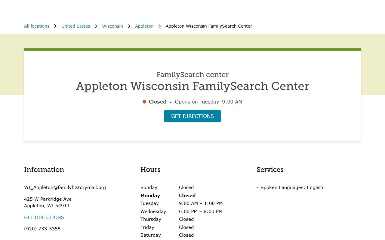 Appleton genealogy records at the FamilySearch Center