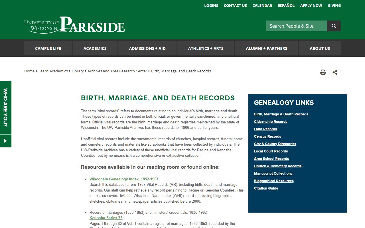 Kenosha genealogy records at UW-Parkside Archives