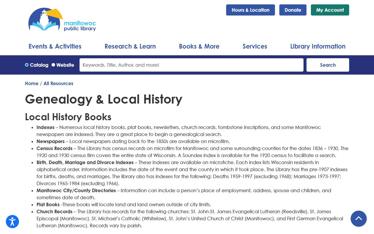 Manitowoc genealogy records at the Manitowoc Public Library