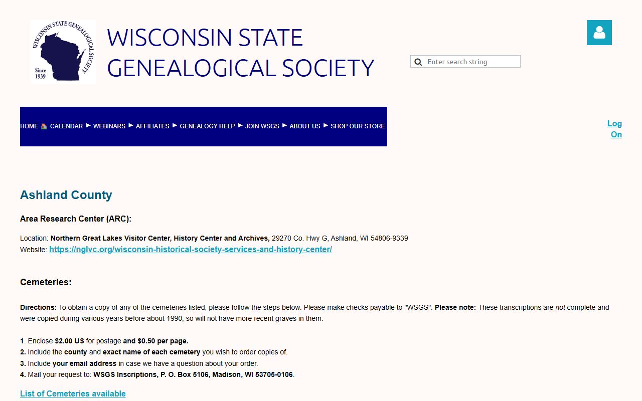Ashland County genealogy records with the Wisconsin State Genealogical Society