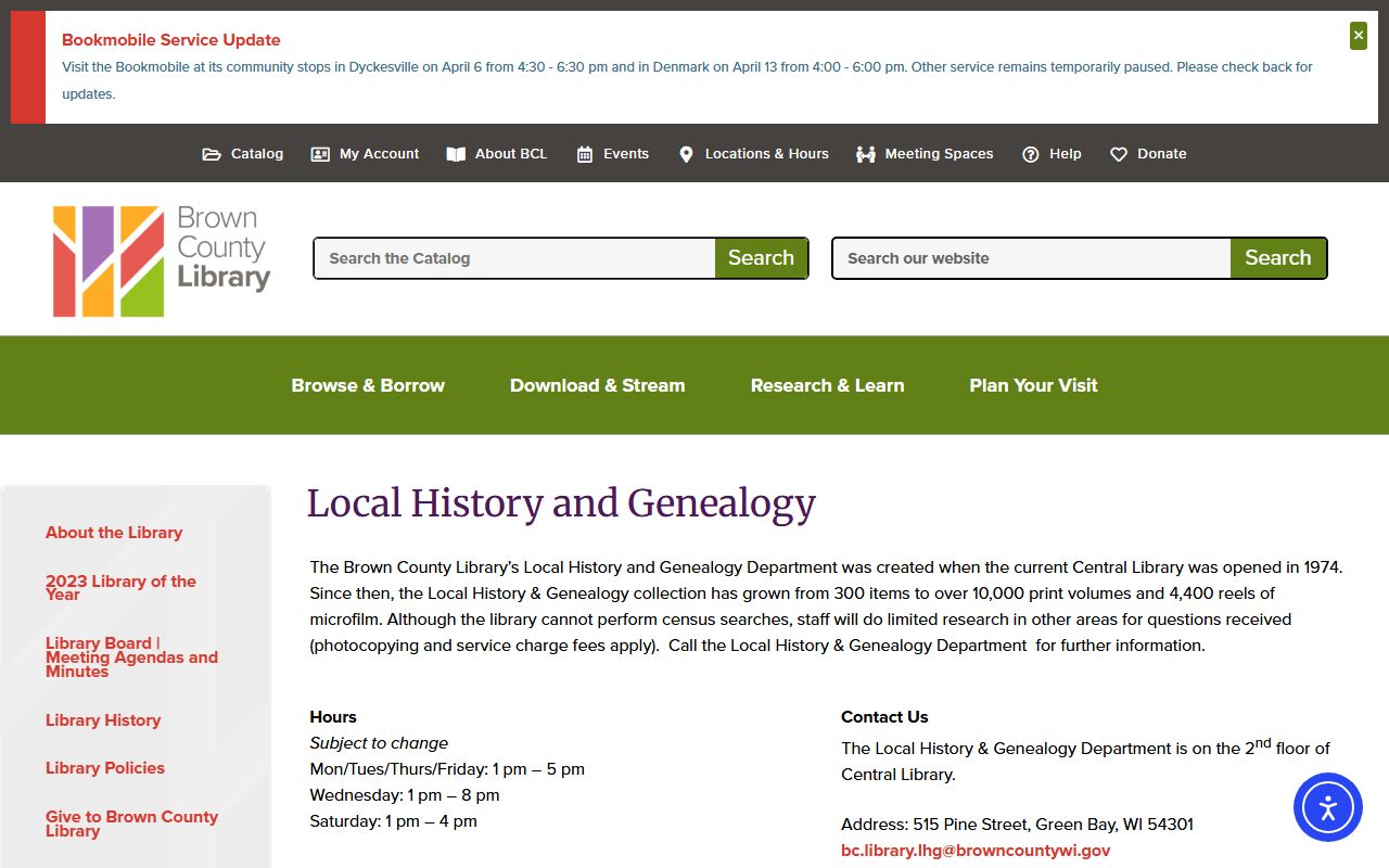 Brown County genealogy records at the Brown County Library