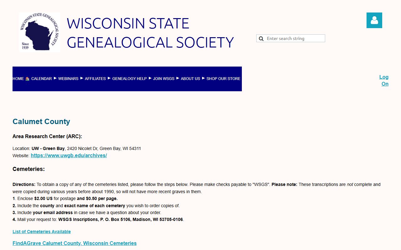 Calumet County genealogy records with the Wisconsin State Genealogical Society