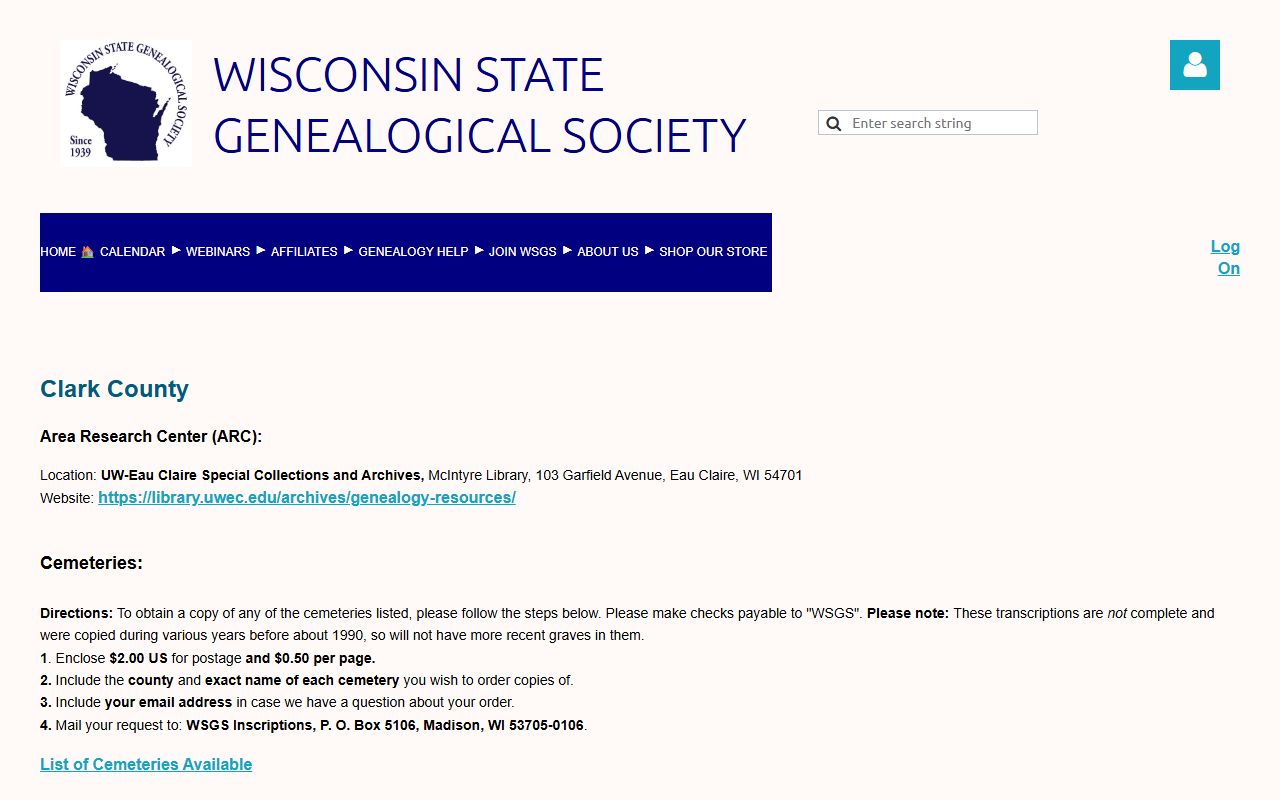 Clark County genealogy records with the Wisconsin State Genealogical Society