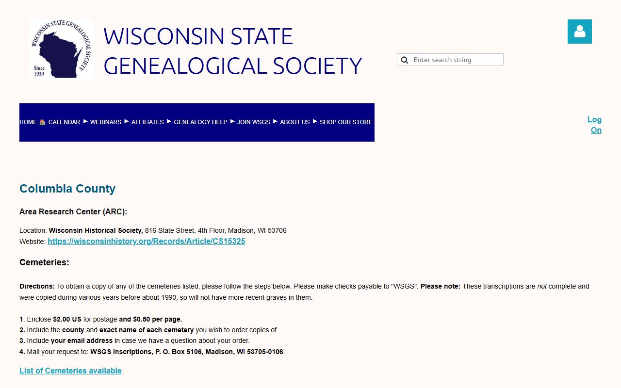 Columbia County genealogy records with the Wisconsin State Genealogical Society