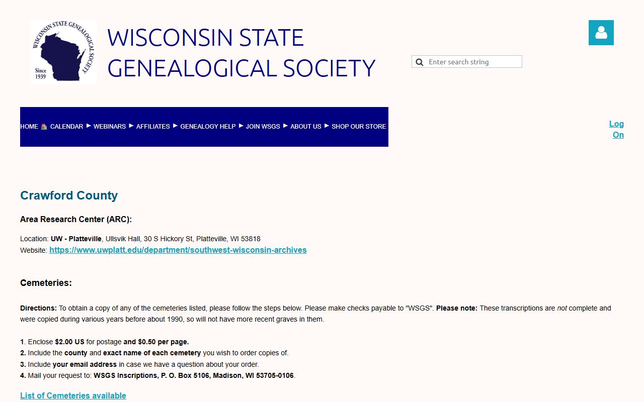 Crawford County genealogy records with the Wisconsin State Genealogical Society