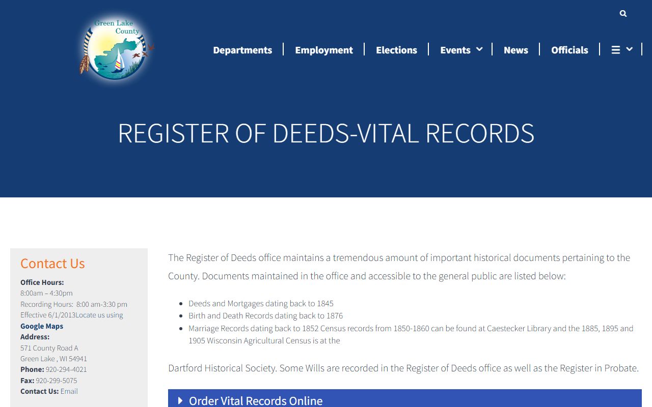 Green Lake County genealogy records at the Register of Deeds