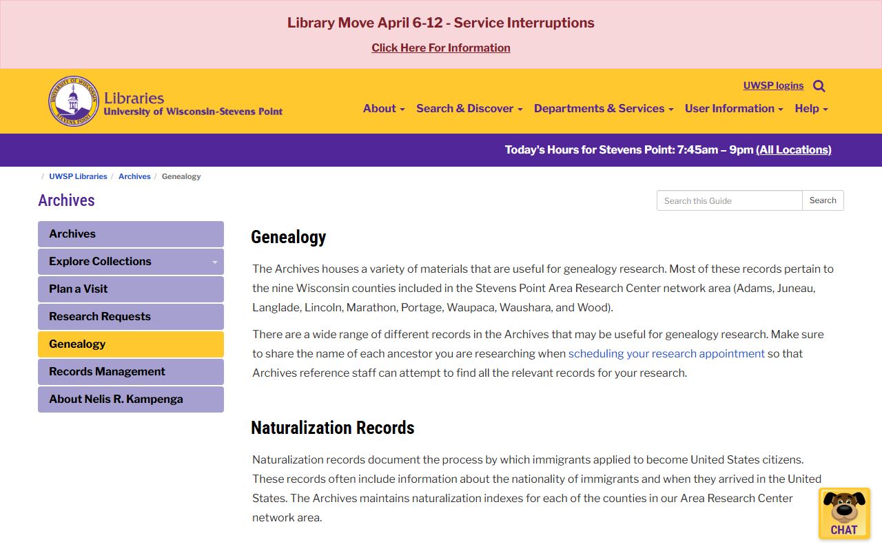 Portage County genealogy records at UW-Stevens Point Archives