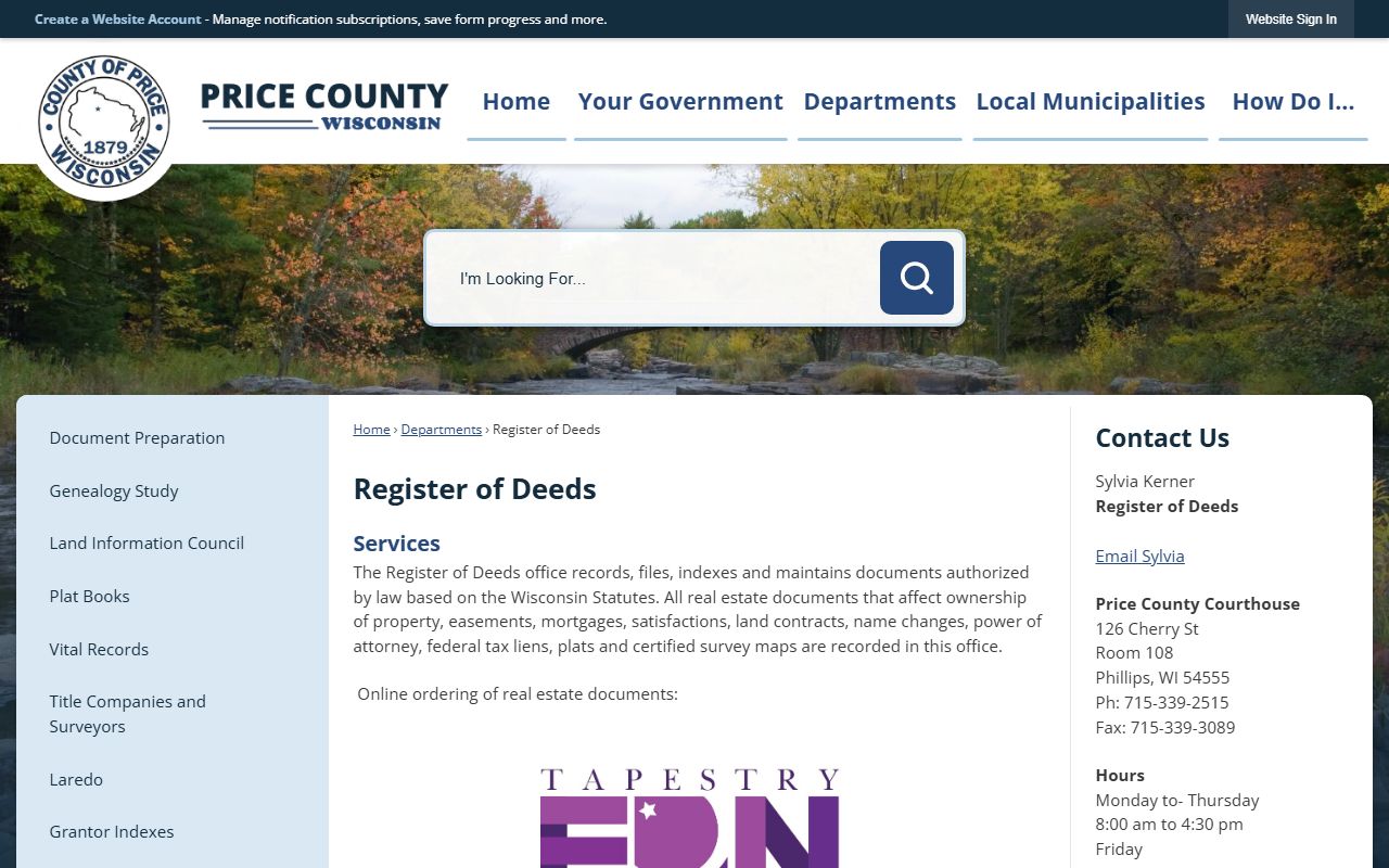 Price County genealogy records at the Register of Deeds