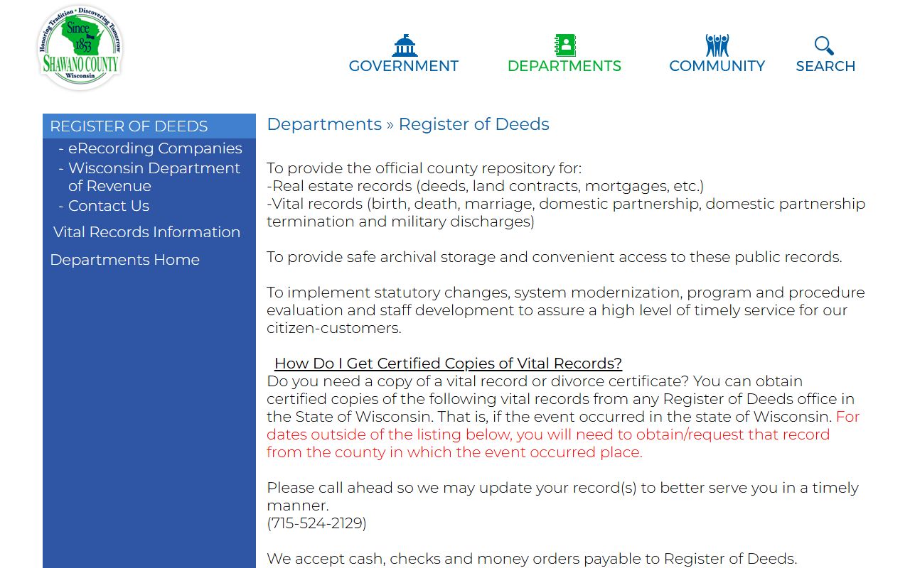Shawano County genealogy records at the Register of Deeds
