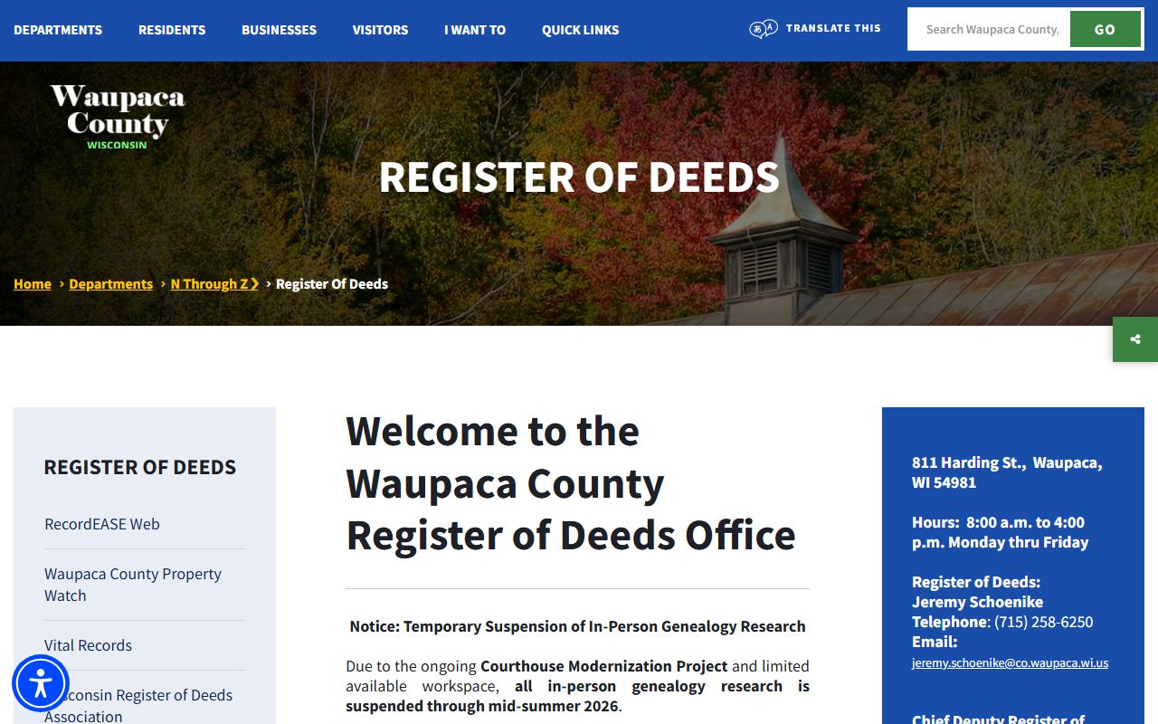 Waupaca County genealogy records at the Register of Deeds