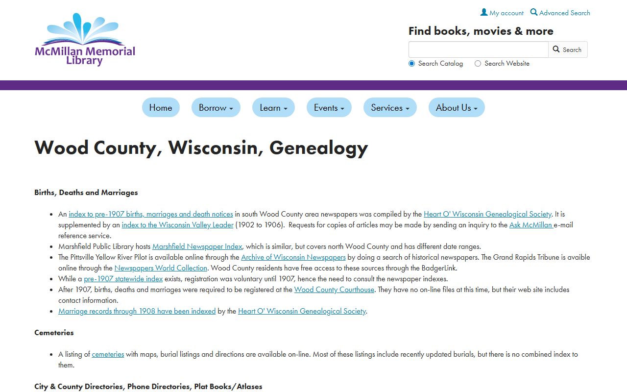 Wood County genealogy records at McMillan Memorial Library