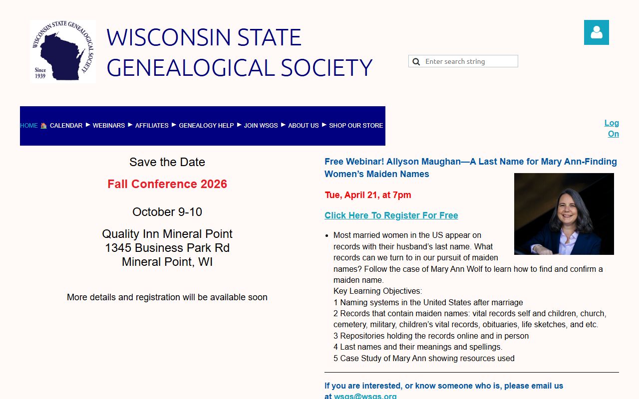 Wisconsin genealogy records with Wisconsin State Genealogical Society support